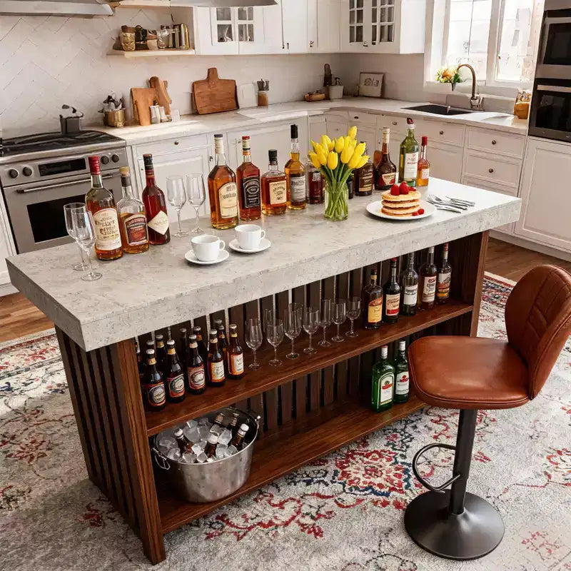 Meuble de bar spacieux de 160 cm, îlot de cuisine à 2 niveaux avec repose-pieds, table de bar moderne