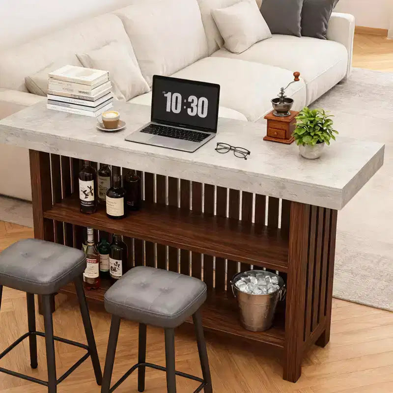 Meuble de bar spacieux de 160 cm, îlot de cuisine à 2 niveaux avec repose-pieds, table de bar moderne