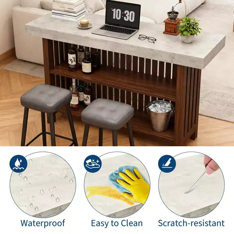 Meuble de bar spacieux de 160 cm, îlot de cuisine à 2 niveaux avec repose-pieds, table de bar moderne