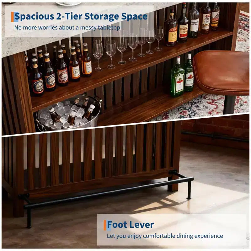 Meuble de bar spacieux de 160 cm, îlot de cuisine à 2 niveaux avec repose-pieds, table de bar moderne