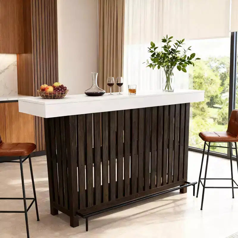 Meuble de bar spacieux de 160 cm, îlot de cuisine à 2 niveaux avec repose-pieds, table de bar moderne