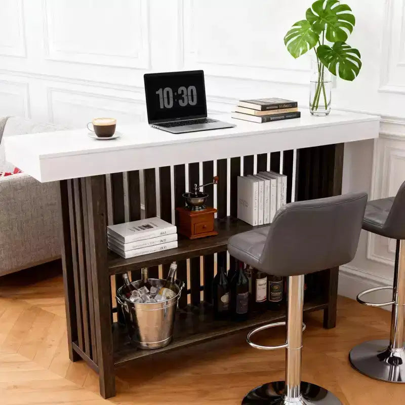 Meuble de bar spacieux de 160 cm, îlot de cuisine à 2 niveaux avec repose-pieds, table de bar moderne