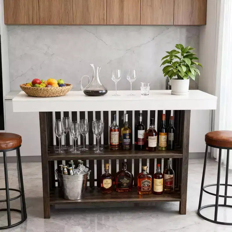 Meuble de bar spacieux de 160 cm, îlot de cuisine à 2 niveaux avec repose-pieds, table de bar moderne