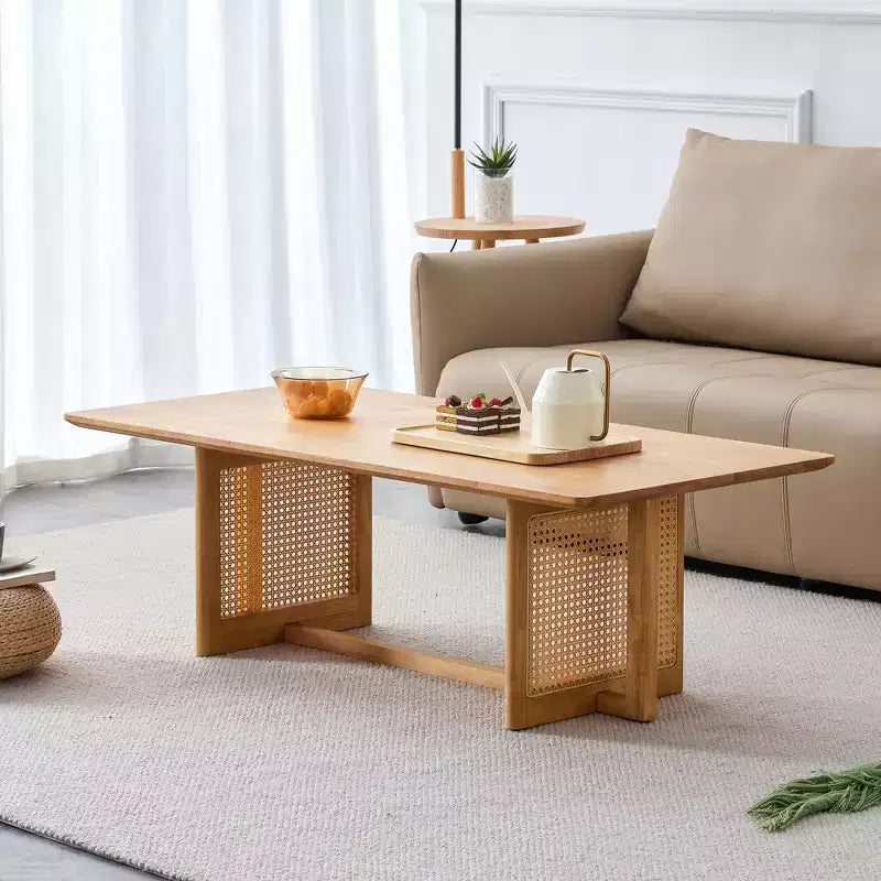 Table basse rectangulaire rustique en bois imitation rotin