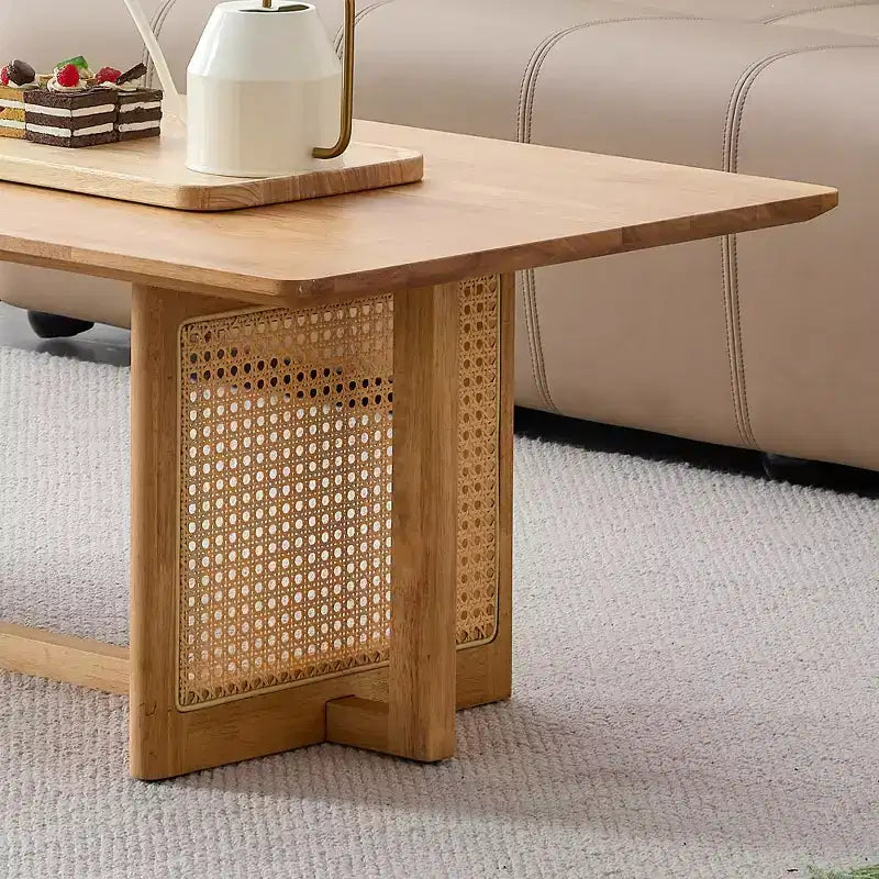 Table basse rectangulaire rustique en bois imitation rotin