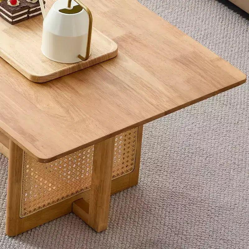 Table basse rectangulaire rustique en bois imitation rotin