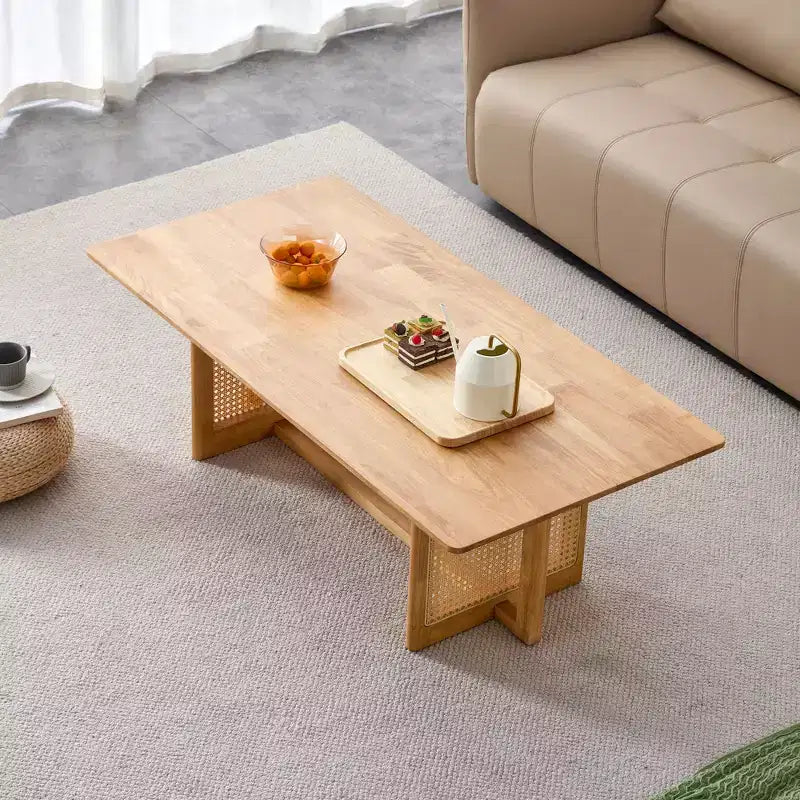 Table basse rectangulaire rustique en bois imitation rotin