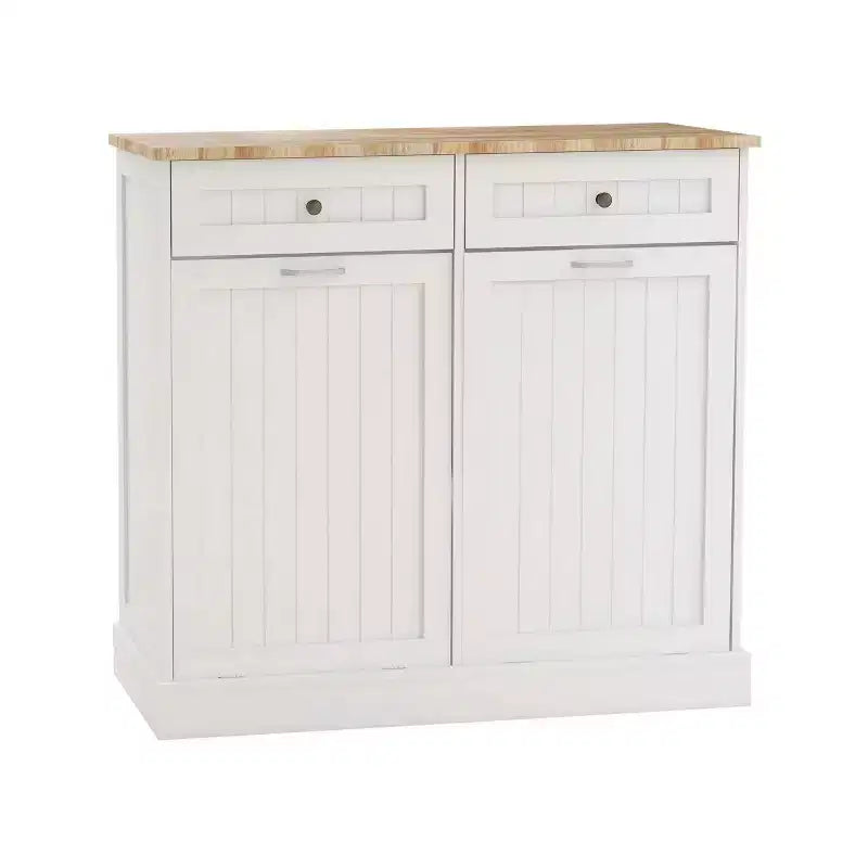 Meuble de tri sélectif de cuisine blanc, 2 tiroirs + 2 compartiments inclinables pour le tri des déchets