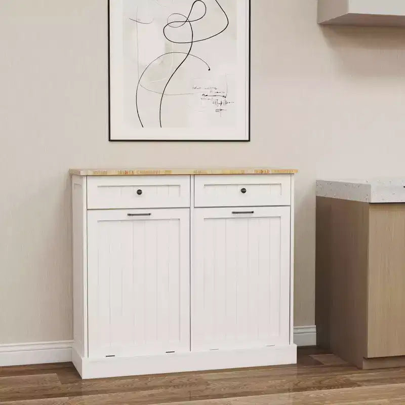 Meuble de tri sélectif de cuisine blanc, 2 tiroirs + 2 compartiments inclinables pour le tri des déchets