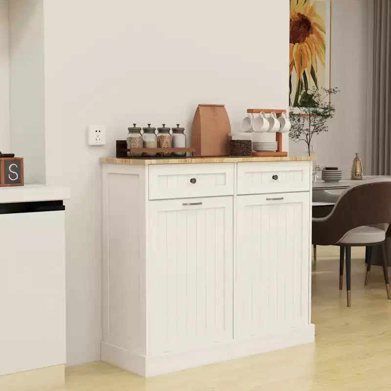 Meuble de tri sélectif de cuisine blanc, 2 tiroirs + 2 compartiments inclinables pour le tri des déchets