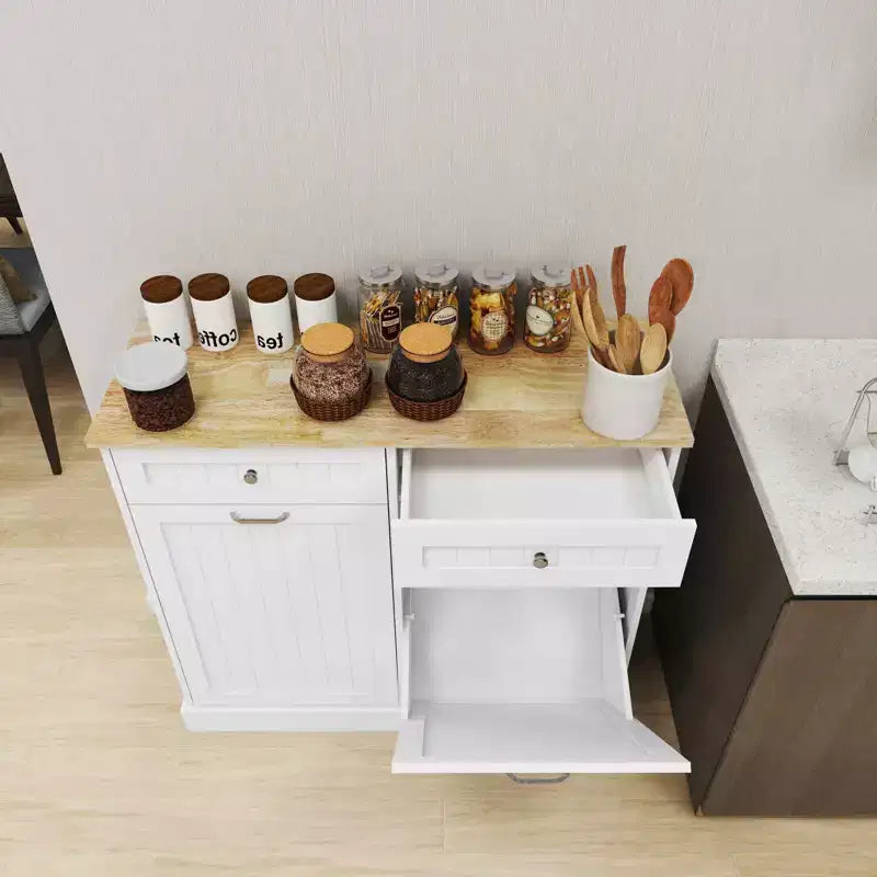 Meuble de tri sélectif de cuisine blanc, 2 tiroirs + 2 compartiments inclinables pour le tri des déchets
