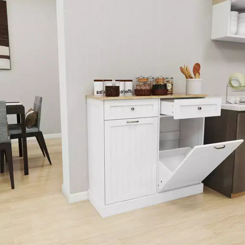 Meuble de tri sélectif de cuisine blanc, 2 tiroirs + 2 compartiments inclinables pour le tri des déchets