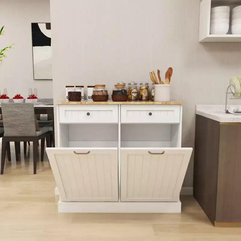 Meuble de tri sélectif de cuisine blanc, 2 tiroirs + 2 compartiments inclinables pour le tri des déchets