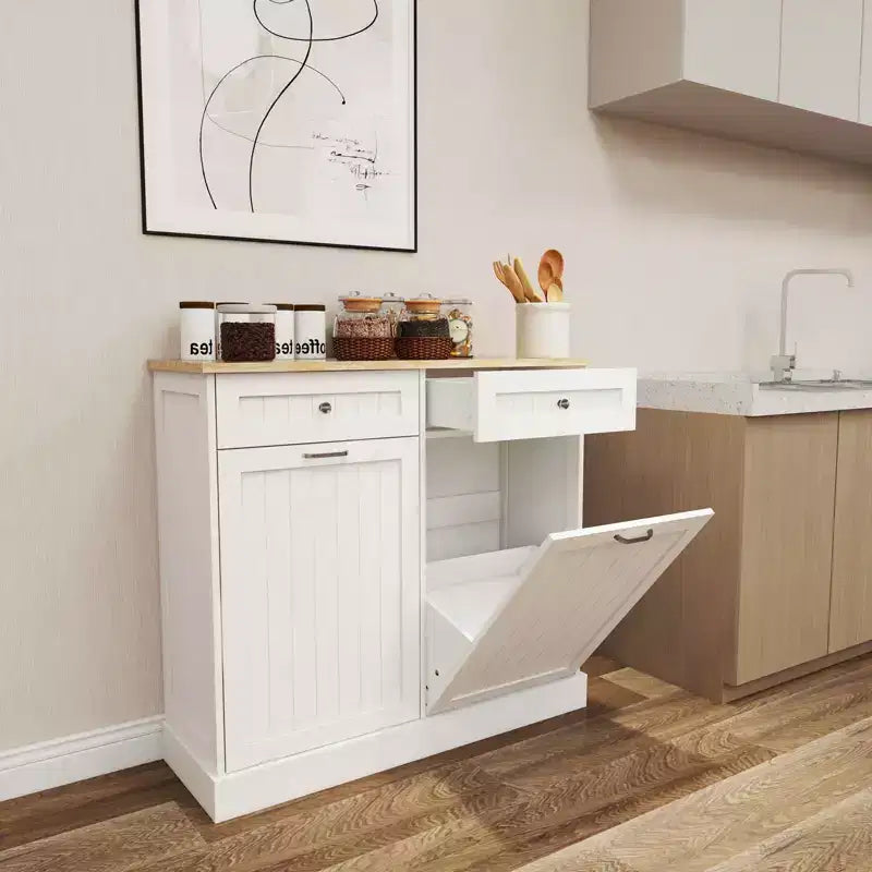 Meuble de tri sélectif de cuisine blanc, 2 tiroirs + 2 compartiments inclinables pour le tri des déchets