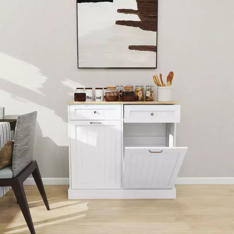Meuble de tri sélectif de cuisine blanc, 2 tiroirs + 2 compartiments inclinables pour le tri des déchets