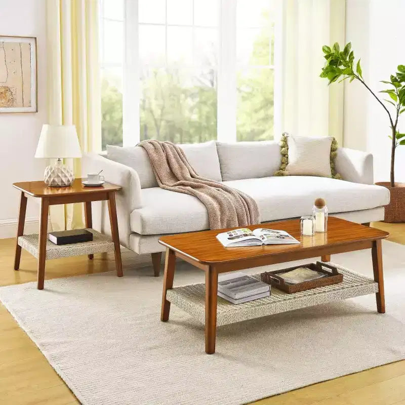 Table basse de ferme avec étagère tressée, rectangulaire 119 cm, noyer