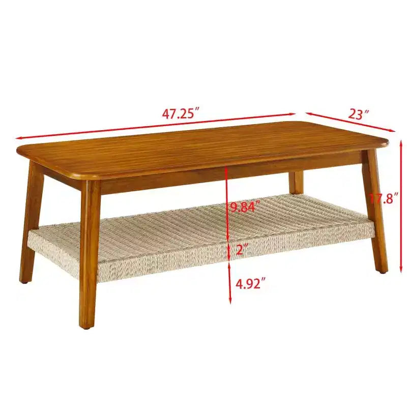 Table basse de ferme avec étagère tressée, rectangulaire 119 cm, noyer