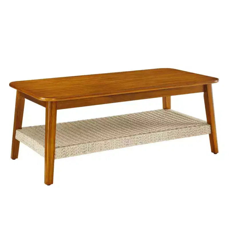 Table basse de ferme avec étagère tressée, rectangulaire 119 cm, noyer