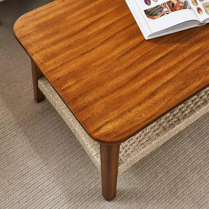 Table basse de ferme avec étagère tressée, rectangulaire 119 cm, noyer