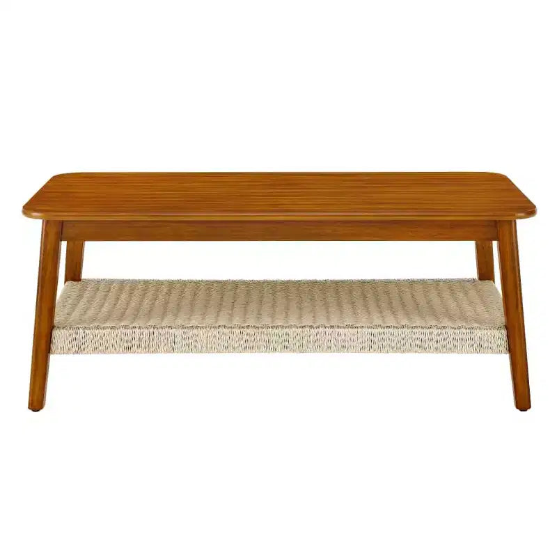 Table basse de ferme avec étagère tressée, rectangulaire 119 cm, noyer