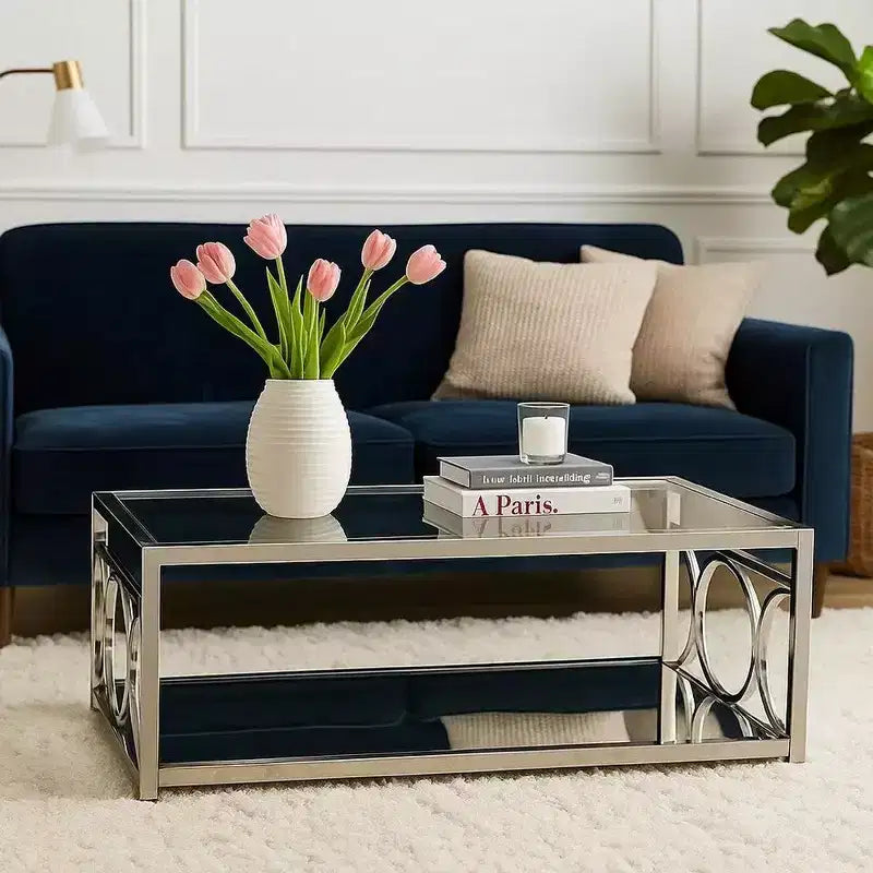 Table basse de 47 pouces, plateau en verre, étagère inférieure en miroir, accents métalliques