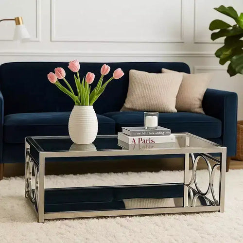Table basse de 47 pouces, plateau en verre, étagère inférieure en miroir, accents métalliques