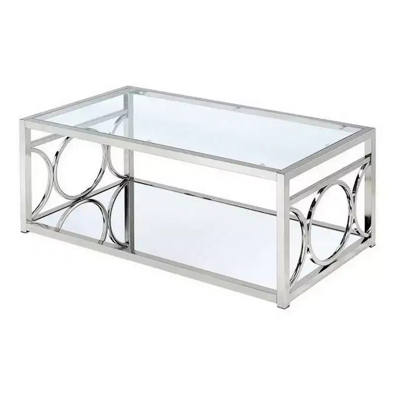 Table basse de 47 pouces, plateau en verre, étagère inférieure en miroir, accents métalliques