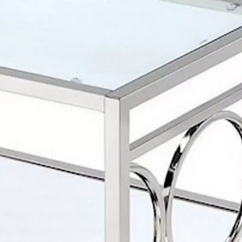 Table basse de 47 pouces, plateau en verre, étagère inférieure en miroir, accents métalliques