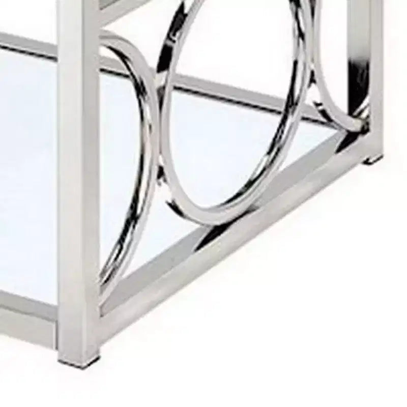 Table basse de 47 pouces, plateau en verre, étagère inférieure en miroir, accents métalliques