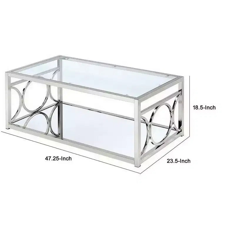 Table basse de 47 pouces, plateau en verre, étagère inférieure en miroir, accents métalliques