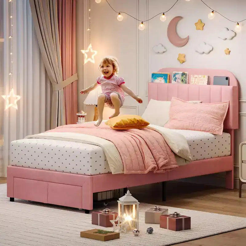 Cadre de lit simple rembourré pour enfants avec tête de lit et grand tiroir de rangement - Silencieux, support à lattes en bois, pas besoin de sommier tapissier