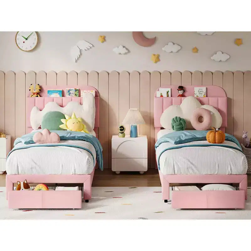 Cadre de lit simple rembourré pour enfants avec tête de lit et grand tiroir de rangement - Silencieux, support à lattes en bois, pas besoin de sommier tapissier