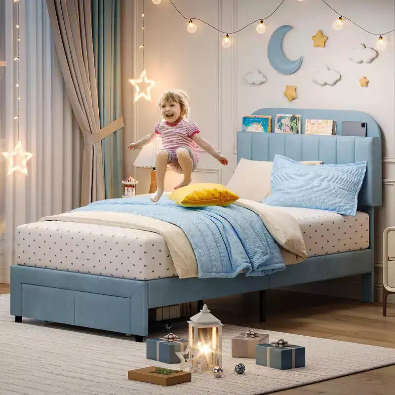Cadre de lit simple rembourré pour enfants avec tête de lit et grand tiroir de rangement - Silencieux, support à lattes en bois, pas besoin de sommier tapissier