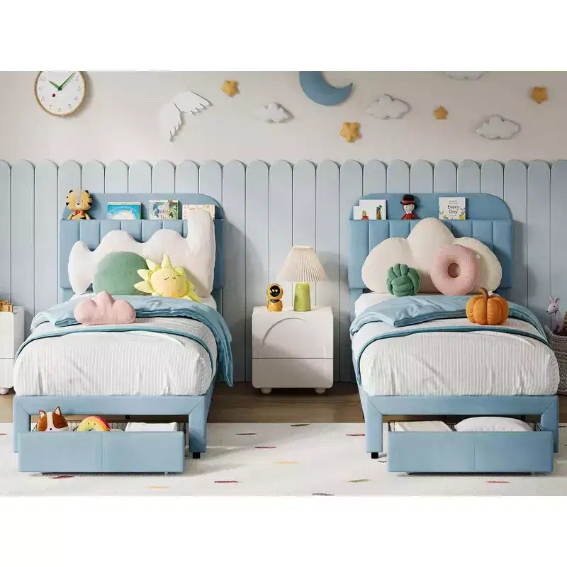 Cadre de lit simple rembourré pour enfants avec tête de lit et grand tiroir de rangement - Silencieux, support à lattes en bois, pas besoin de sommier tapissier