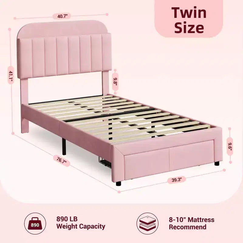 Cadre de lit simple rembourré pour enfants avec tête de lit et grand tiroir de rangement - Silencieux, support à lattes en bois, pas besoin de sommier tapissier