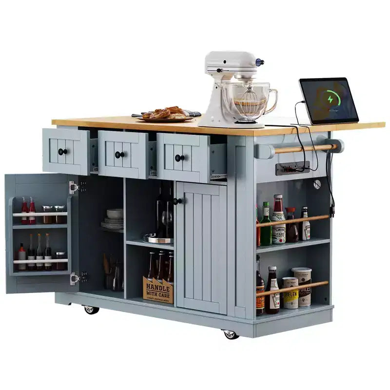 Grand îlot de cuisine de 53 pouces avec abattant, prise de courant, étagère de rangement interne de porte, chariot de cuisine roulant sur 5 roulettes avec 5 étagères latérales ouvertes