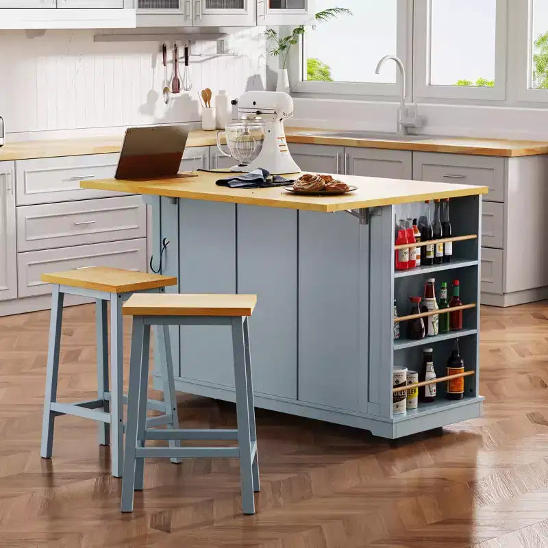 Grand îlot de cuisine de 53 pouces avec abattant, prise de courant, étagère de rangement interne de porte, chariot de cuisine roulant sur 5 roulettes avec 5 étagères latérales ouvertes