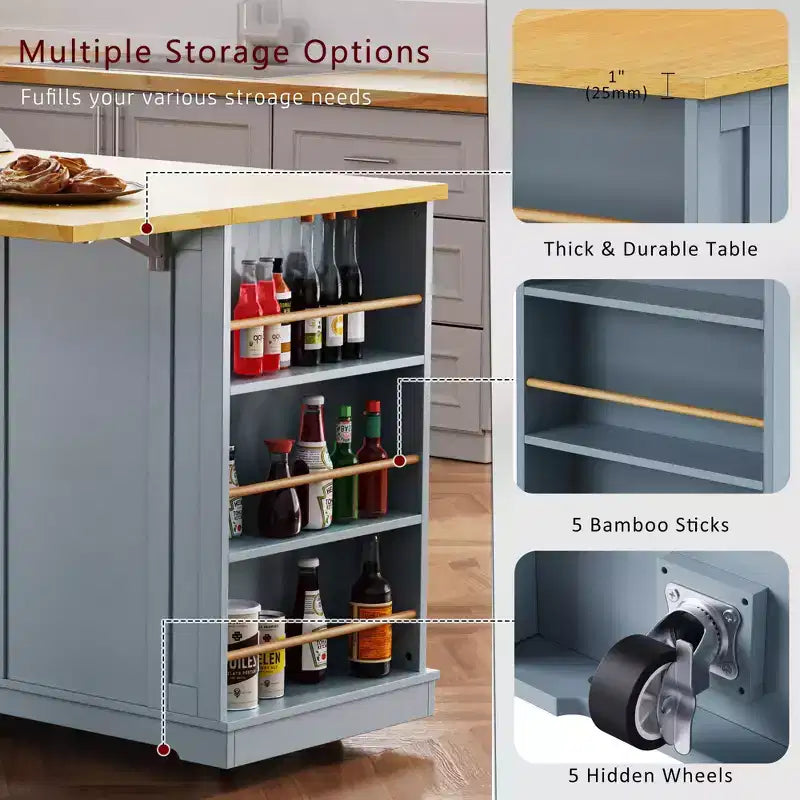 Grand îlot de cuisine de 53 pouces avec abattant, prise de courant, étagère de rangement interne de porte, chariot de cuisine roulant sur 5 roulettes avec 5 étagères latérales ouvertes