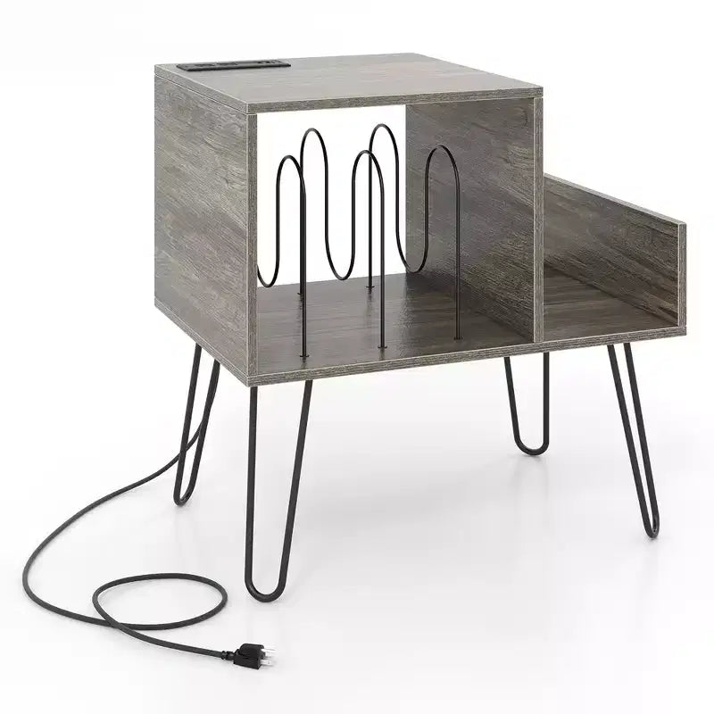 Meuble de support pour tourne-disque avec station de recharge intégrée et pieds en métal
