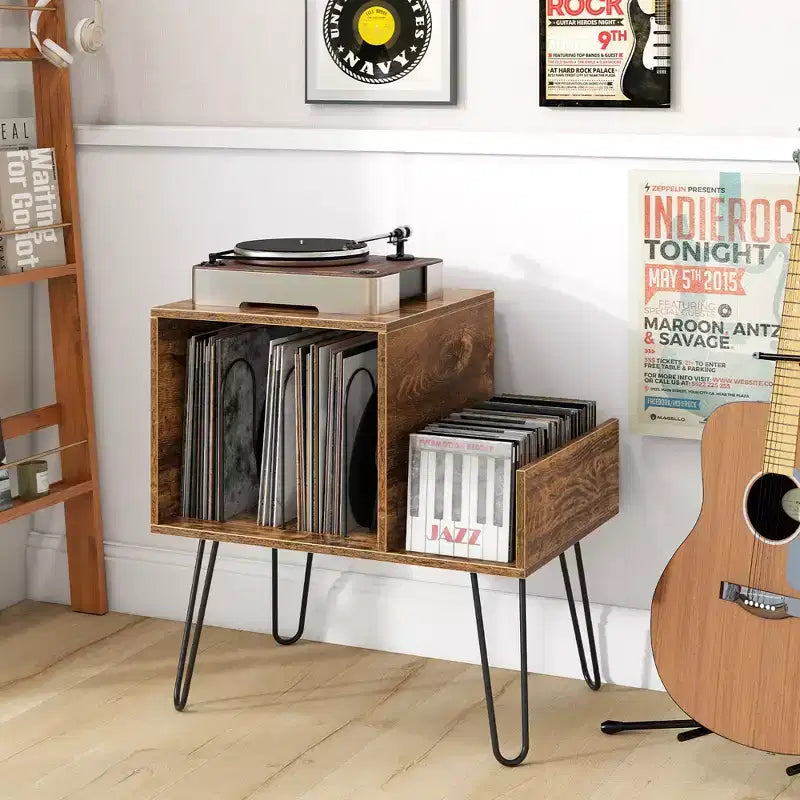 Meuble de support pour tourne-disque avec station de recharge intégrée et pieds en métal