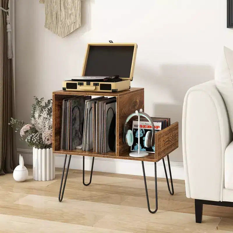 Meuble de support pour tourne-disque avec station de recharge intégrée et pieds en métal