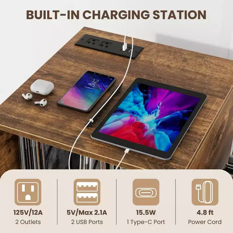 Meuble de support pour tourne-disque avec station de recharge intégrée et pieds en métal