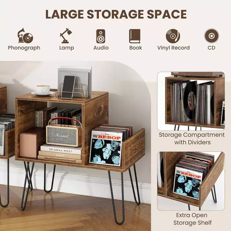 Meuble de support pour tourne-disque avec station de recharge intégrée et pieds en métal