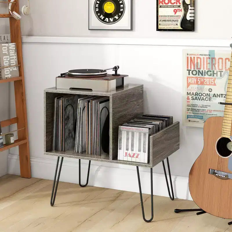 Meuble de support pour tourne-disque avec station de recharge intégrée et pieds en métal