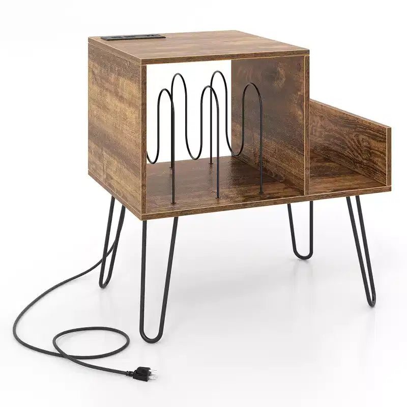 Meuble de support pour tourne-disque avec station de recharge intégrée et pieds en métal