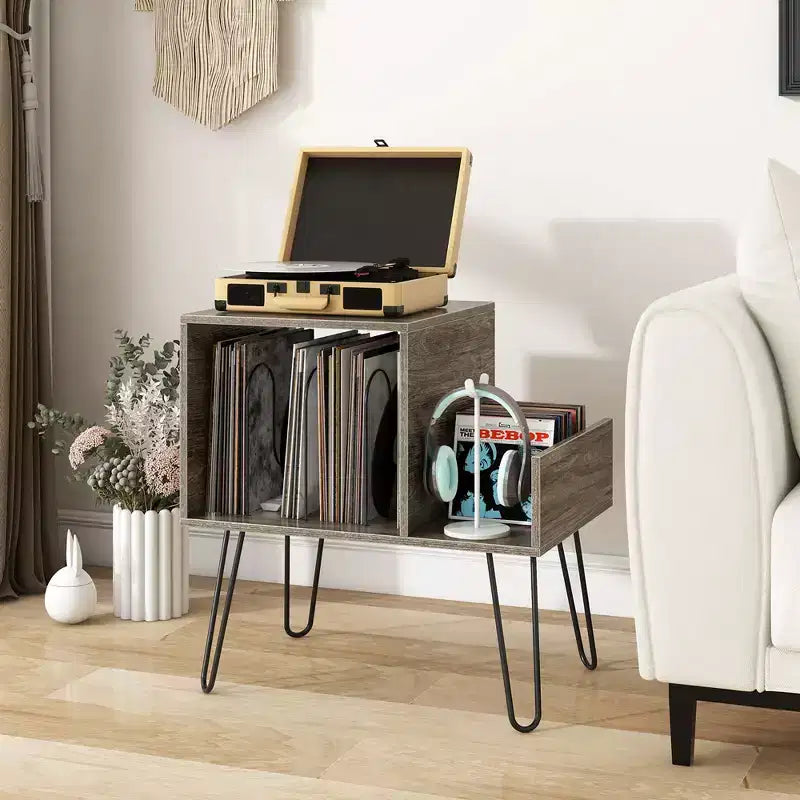 Meuble de support pour tourne-disque avec station de recharge intégrée et pieds en métal