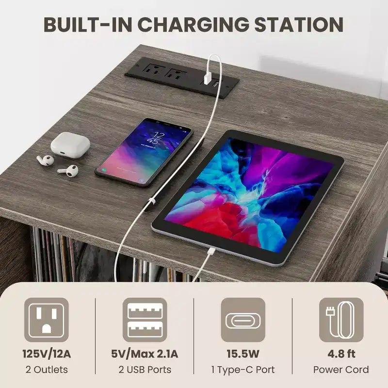 Meuble de support pour tourne-disque avec station de recharge intégrée et pieds en métal