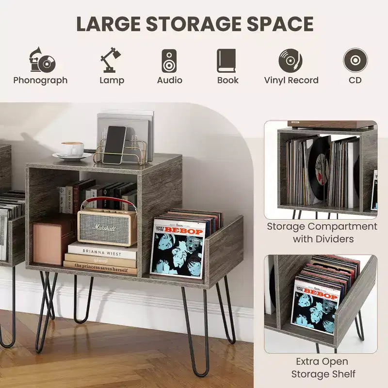 Meuble de support pour tourne-disque avec station de recharge intégrée et pieds en métal