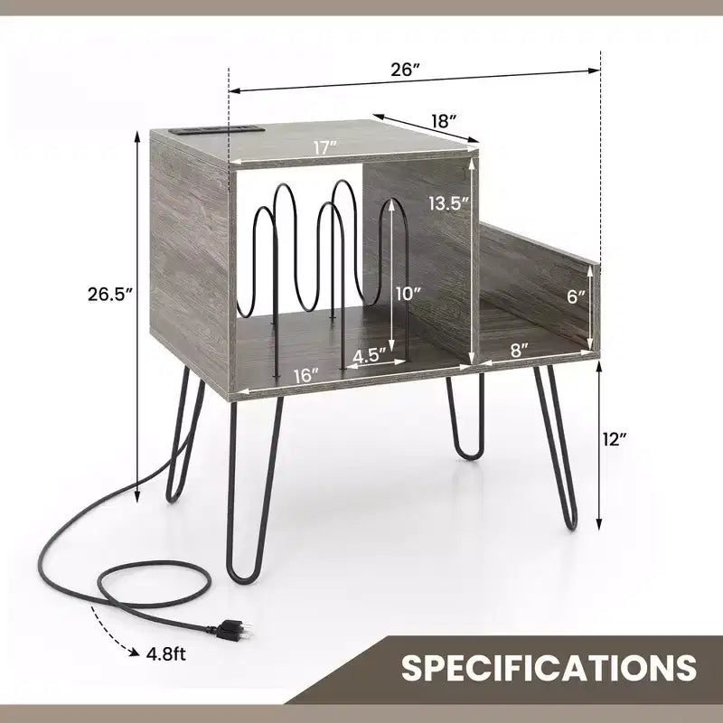 Meuble de support pour tourne-disque avec station de recharge intégrée et pieds en métal