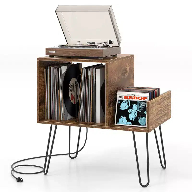 Meuble de support pour tourne-disque avec station de recharge intégrée et pieds en métal
